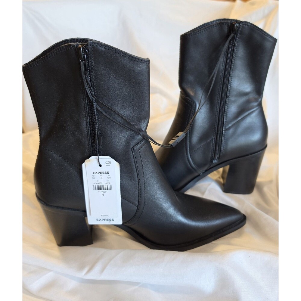 Express Black Leather Ankle Boots Size 9 Pointed Toe Block Heel Side Zip NWT